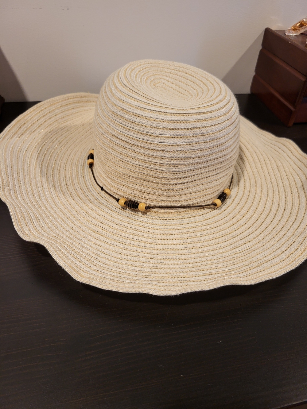 Women’s Cream Wide-Brim Straw Sun Hat with Bead Trim
